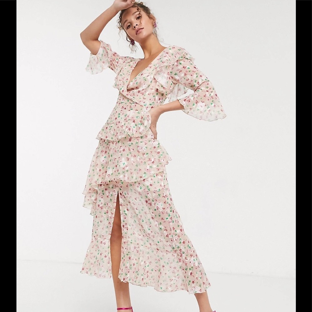 ASOS Dark Pink London Maxi Dress Ditzy Floral Print Ruffle NWT Open Back Plunge